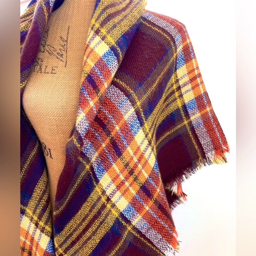 NEW Elegant Cool Weather Square Scarf Wrap, Plum Gold Plaid, Super Soft!